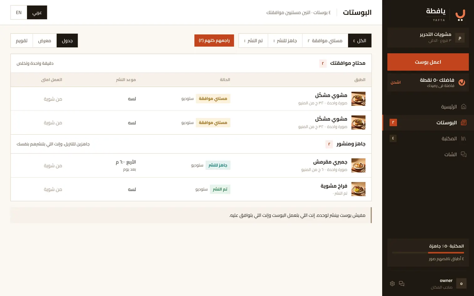 جدول البوستات وفلاتر الحالة فوقه