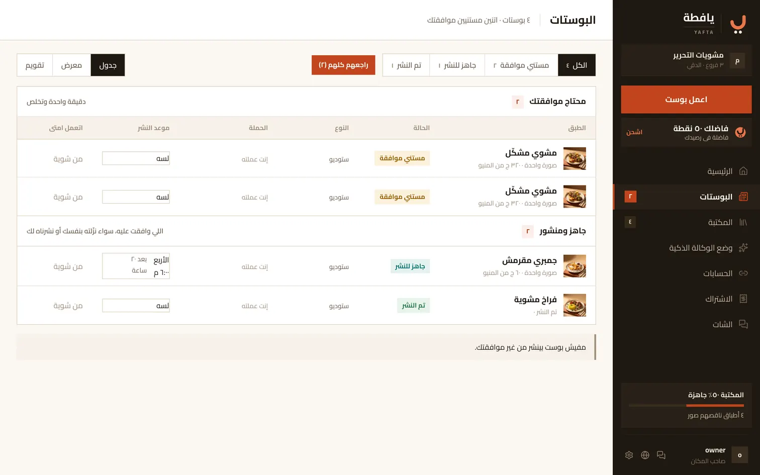 جدول البوستات وفلاتر الحالة فوقه